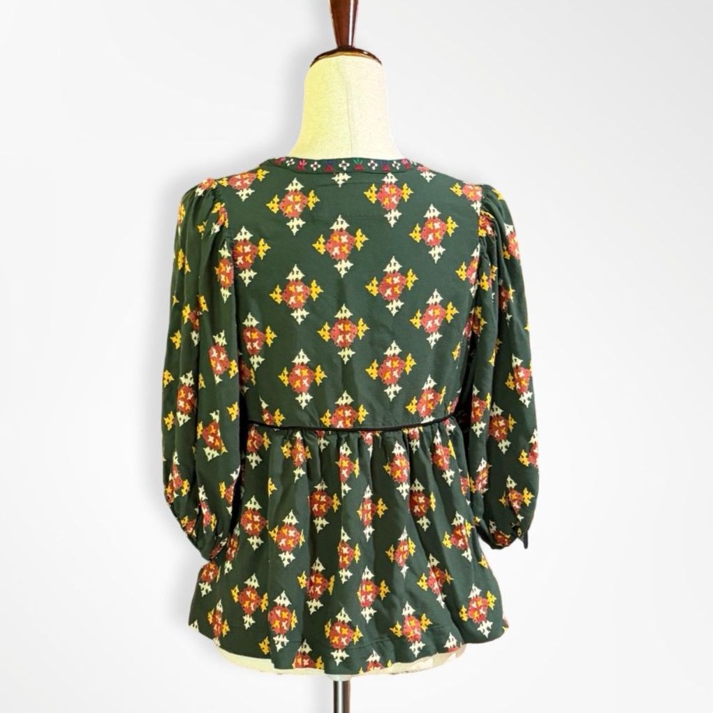 Rapsodia, Green, Babydoll Peasant Blouse, Folk Pattern Puff Sleeve Boho Top — image 3 of 5